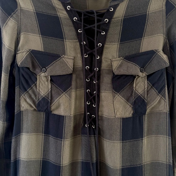 Express Lace-Up Plaid Shirt - Olive/Black (Medium), Front Pockets / Like New - Picture 3 of 3